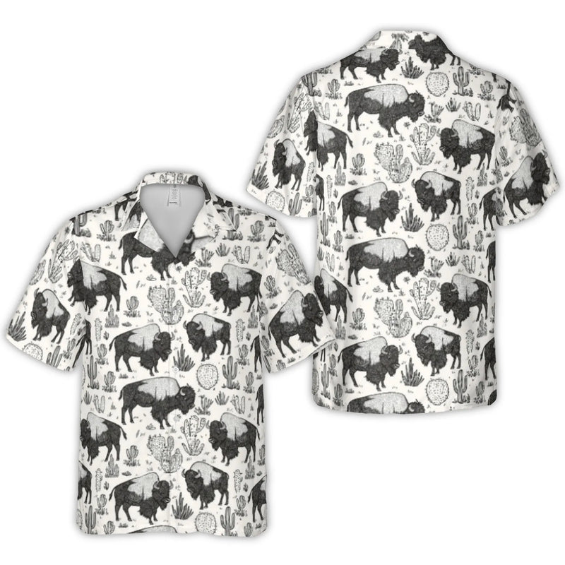 Bison Hawaiian Shirt | Western Desert Cactus Sketch Print | Durable Woven Polyester | Men’s Summer Vacation Button Down Gift
