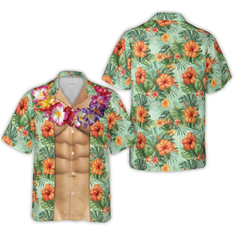 Fake Six-Pack Abs Hawaiian Shirt | Tropical Hibiscus Lei Print | Premium Wrinkle-Resistant Polyester | Funny Summer Vacation Gift For Men