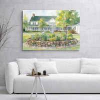 Watercolor House Canvas Print | Charming Garden Cottage Wall Art | Gallery Wrapped Premium Canvas | Coastal Cottage Decor For Living Room
