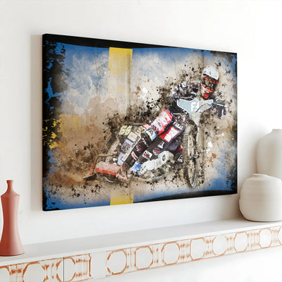 Speedway Motorcycle Racing Wall Art | Swedish Flag Grunge Sports Print | Premium Gallery Wrap Canvas | Gift for Motorsport Enthusiasts