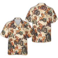 Vintage Biker Pin-Up Hawaiian Shirt | Retro Motorcycle Graphic Print | Durable Woven Polyester | Fun Gift for Motorcycle Enthusiasts