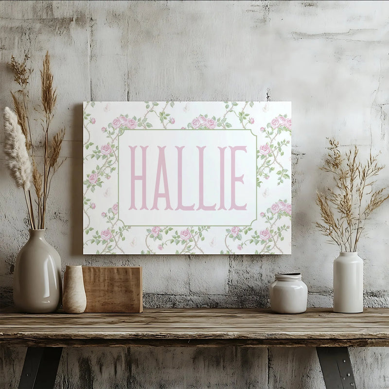 Hallie Name Wall Art | Floral Rose Vine & Butterfly Decor | Premium 1.25-Inch Gallery Wrap Canvas | Personalized Gift for Girl or Nursery