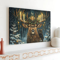 Christmas Stag Canvas Print | Whimsical Deer With Candles And Black Cat | Premium Gallery Wrapped Wall Art | Festive Winter Home Decor Gift