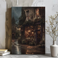 Magical Bookshop Canvas Wall Art | Rainy Old-World Street Scene | Premium Gallery Wrap Print | Whimsical Home Decor Gift