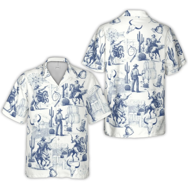 Wild West Cowboy Toile Hawaiian Shirt | Vintage Western Ranch Design | Breathable Woven Polyester | Unique Gift for Him