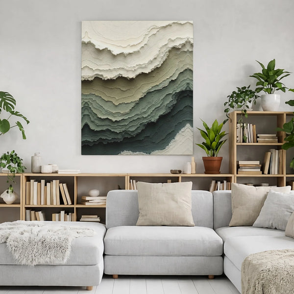 Abstract Layered Topography Canvas Art | Sage Green and Cream Minimalist Wall Decor | Premium 1.25" Gallery Wrap | Modern Hom