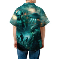 Alien Invasion Hawaiian Shirt | Sci-Fi UFO Battle Print | Lightweight Woven Polyester | Unique Gift for Sci-Fi Fans and UFO Enthusiasts