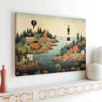 Coastal Village Canvas Wall Art | Folk Art Lighthouse Landscape with Hot Air Balloon | Premium 1.25” Gallery Wrap | Nautical Home Decor for Living Room