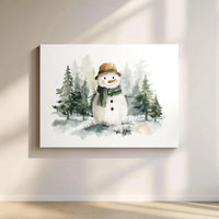Watercolor Snowman Wall Art | Winter Forest Christmas Canvas Print | Premium Gallery Wrap Decor | Holiday Seasonal Gift for Home