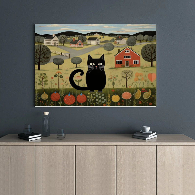 Folk Art Black Cat Canvas Print | Whimsical Rural Landscape Wall Decor | 1.25" Gallery Wrap | Premium Farmhouse Artwork for Cat Lovers