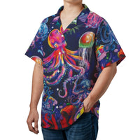 Psychedelic Octopus Hawaiian Shirt | Neon Ocean Life Underwater Print | Lightweight Woven Polyester | Gift for Tropical Beach Vacation