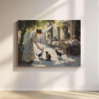 European Cafe Cat Painting | Impressionist Woman Feeding Kittens Art | Premium Gallery Wrap Canvas | Gift for Cat Lovers & Home Decor