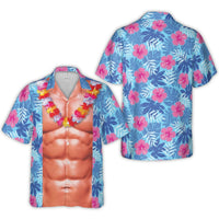 Funny Six Pack Abs Hawaiian Shirt | Tropical Hibiscus Lei Print | Lightweight Woven Polyester | Gag Gift for Beach Parties and Vacations