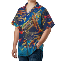 Trumpet Hawaiian Shirt | Colorful Musical Notes Graphic Print | Breathable Woven Polyester | Music Lover Gift for Musicians