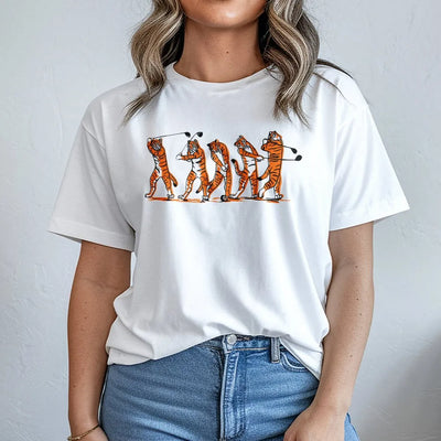 Tiger Golf Swing Graphic T-Shirt | Funny Animal Sports Illustration | Premium Soft Cotton Tee | Unique Golf Gift for Men and Women