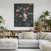 Moody Floral Woman Portrait Canvas | Dark Botanical Fine Art Print | Premium Gallery Wrap Wall Decor | Dreamy Nature Aesthetic Gift
