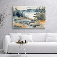 Watercolor Lake Landscape Canvas | Pine Tree Forest Wall Art | Premium 1.25" Gallery Wrap | Nature-Inspired Home Decor Gift