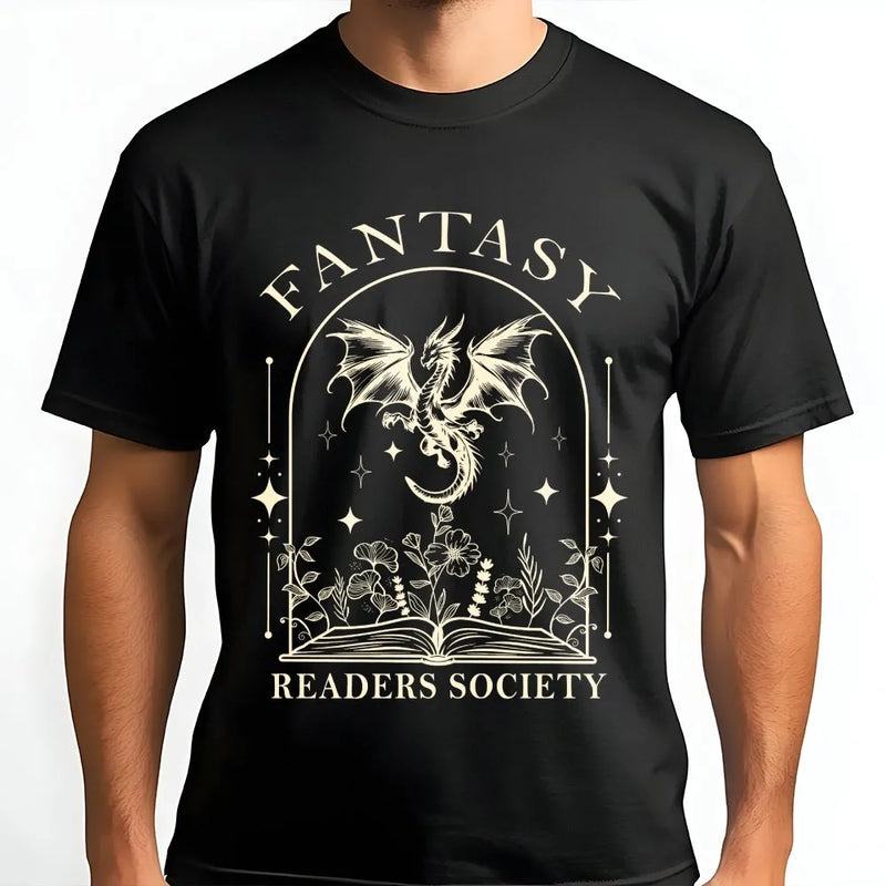 Fantasy Readers Society T-Shirt | Magical Dragon Book Art | Premium 100% Cotton Tee | Gift for Book Lovers and Fantasy Readers