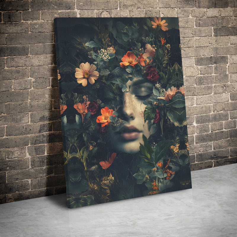 Moody Floral Woman Portrait Canvas | Dark Botanical Fine Art Print | Premium Gallery Wrap Wall Decor | Dreamy Nature Aesthetic Gift