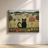 Folk Art Black Cat Canvas Print | Whimsical Rural Landscape Wall Decor | 1.25" Gallery Wrap | Premium Farmhouse Artwork for Cat Lovers