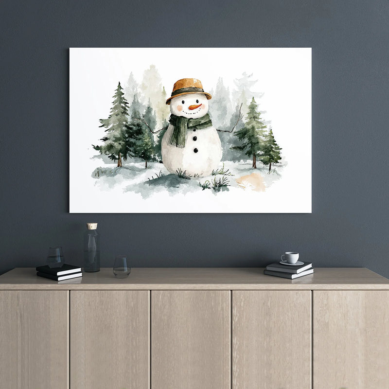 Watercolor Snowman Wall Art | Winter Forest Christmas Canvas Print | Premium Gallery Wrap Decor | Holiday Seasonal Gift for Home