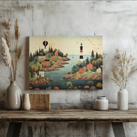 Coastal Village Canvas Wall Art | Folk Art Lighthouse Landscape with Hot Air Balloon | Premium 1.25” Gallery Wrap | Nautical Home Decor for Living Room