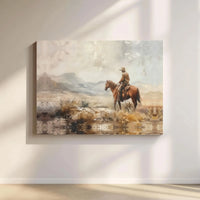 Western Cowboy Painting Canvas | Horseback Mountain Landscape Art | Premium Gallery Wrap Print | Rustic Home Decor Gift for Him